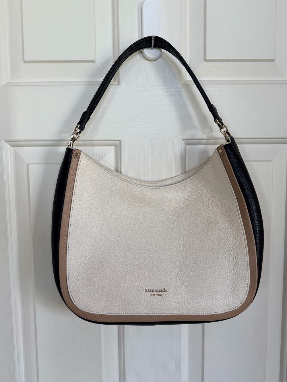 Kate Spade Roulette Large Hobo Bag in White, Tan, & Black